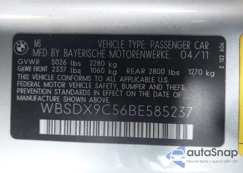 2011 BMW M3 z USA, uszkodzony, nr VIN WBSDX9C56BE585237